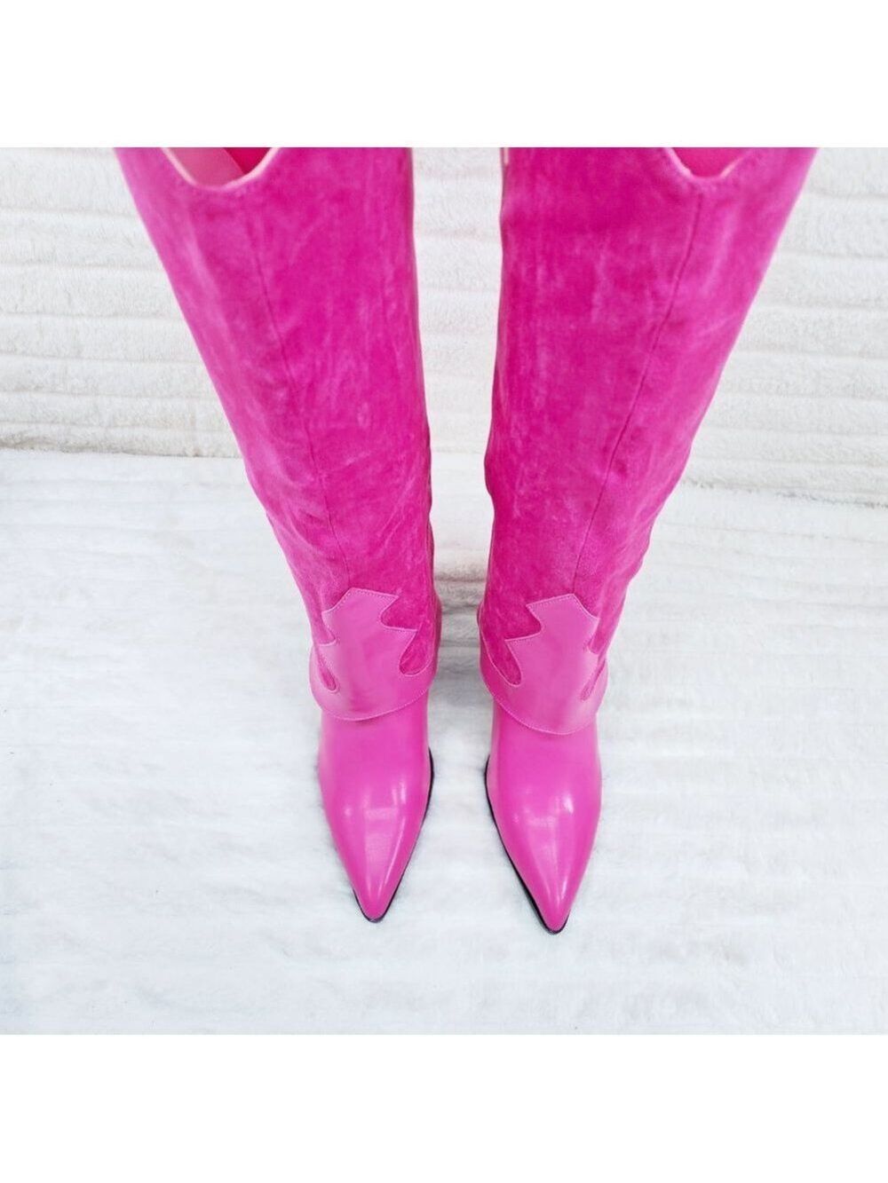 Branded Fuchsia Pink Skirted Fold Over Western Shark Knee High Cowgirl Boots - Picture 6 of 11